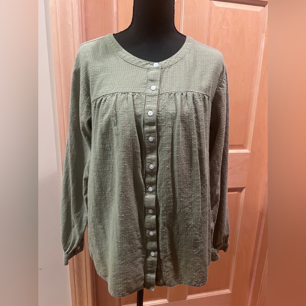LOFT Women’s Boho Sage Green Textured Flowy Long Sleeve Cotton Blouse Peasant L